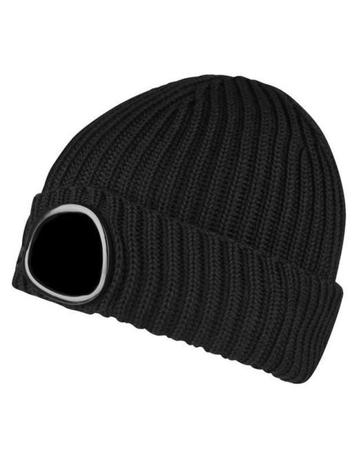C P Company Black Goggles Knitted Hat for men