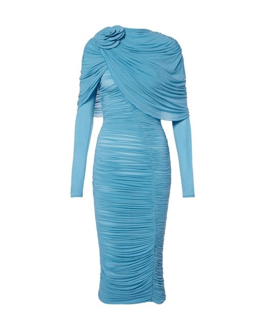 Magda Butrym Blue Floral-Applique Ruched Caped Midi Dress