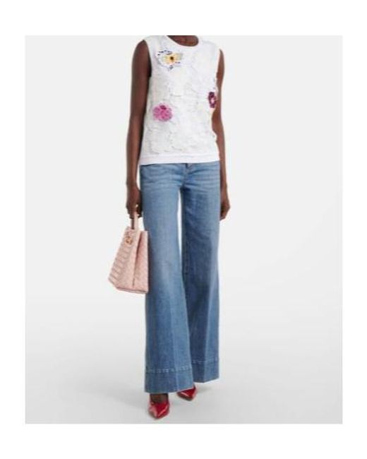 Oscar de la Renta White Lace-Trimmed Floral-Appliqué Cotton-Blend Top