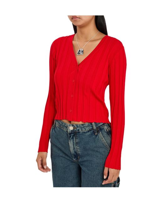 Staud Red Solid Ribbed-Knit Cardigan