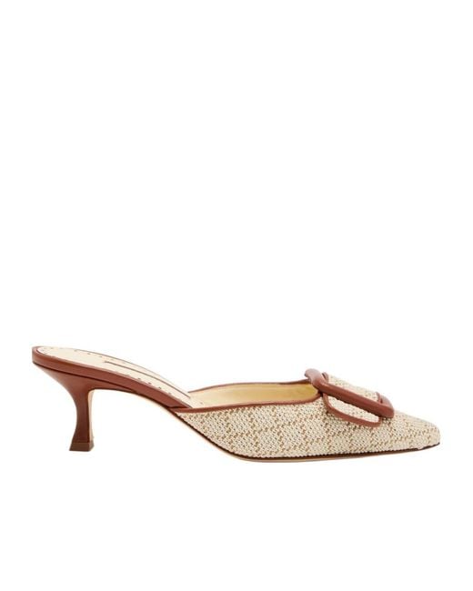 Manolo Blahnik Natural Raffia And Leather Mules