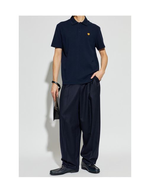 Versace Blue Medusa-Patch Short-Sleeved Polo Shirt for men