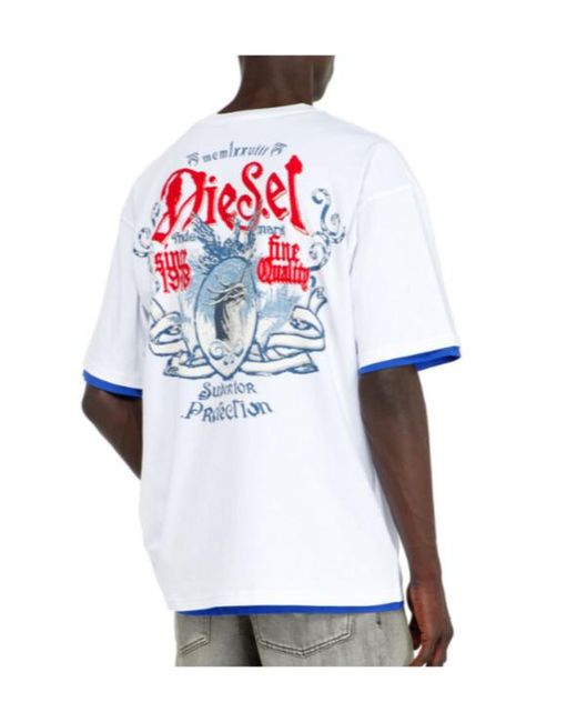 DIESEL White Cotton T-Shirt With Flock Graphic for men