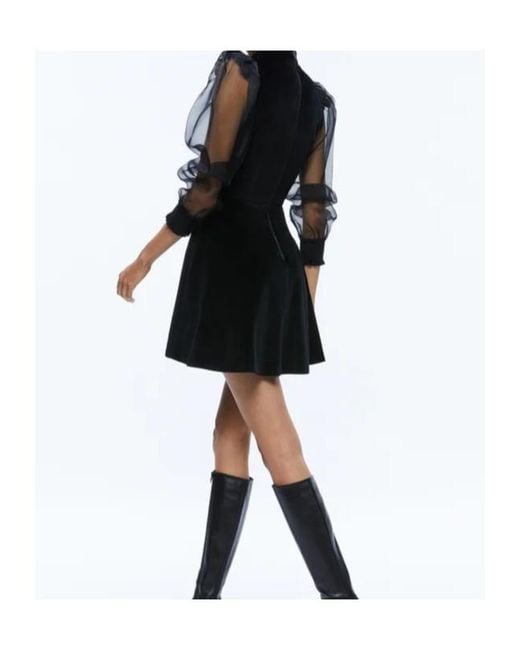 Alice + Olivia Black Paulette Mock-Neck Puff-Sleeve Dress