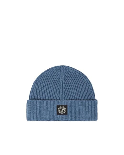Stone Island Blue Logo-Patch Ribbed-Knit Beanie Hat