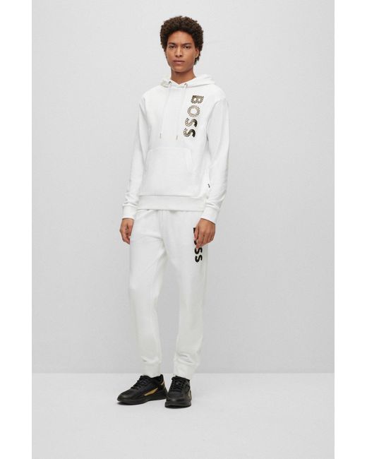 Boss White Logo-Print Cotton Hoodie for men