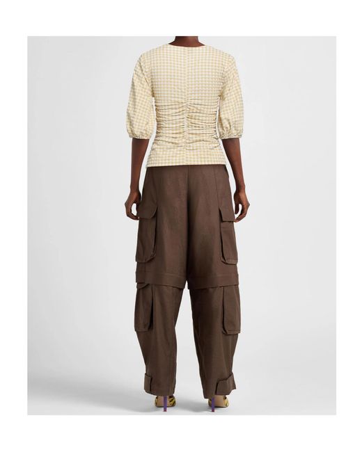 Ganni Natural Plaid Pleated Top
