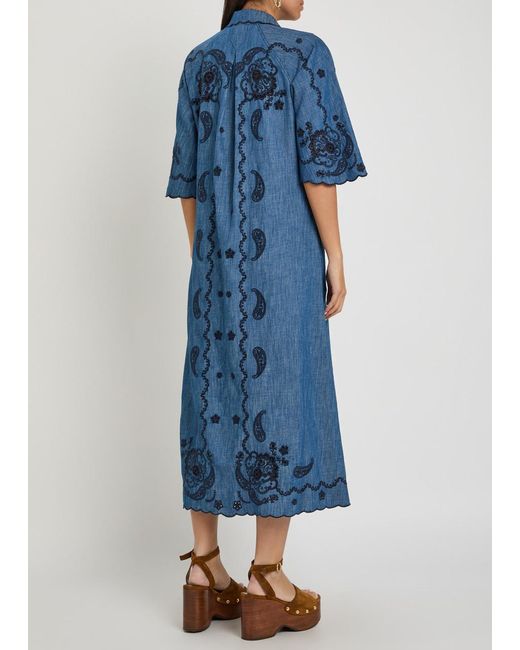 Zimmermann Blue Aster Embroidered Denim Midi Dress