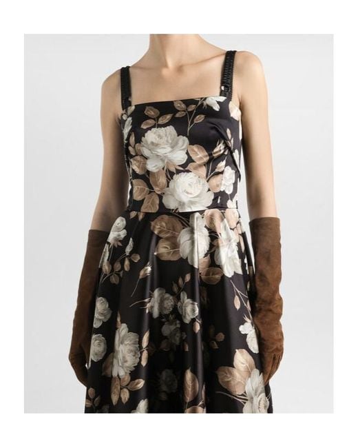 Dolce & Gabbana Black Rose-Print Satin Midi Dress
