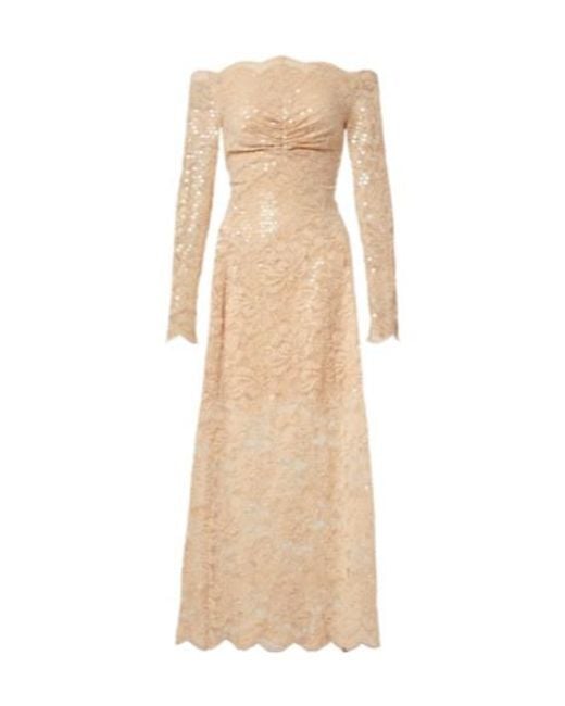 Rabanne Natural Sequined Off-Shoulder Lace Maxi Dress