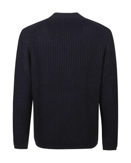 C P Company Blue Ribbed Knit Sweater With Patch Pocket And Logo Detail for men