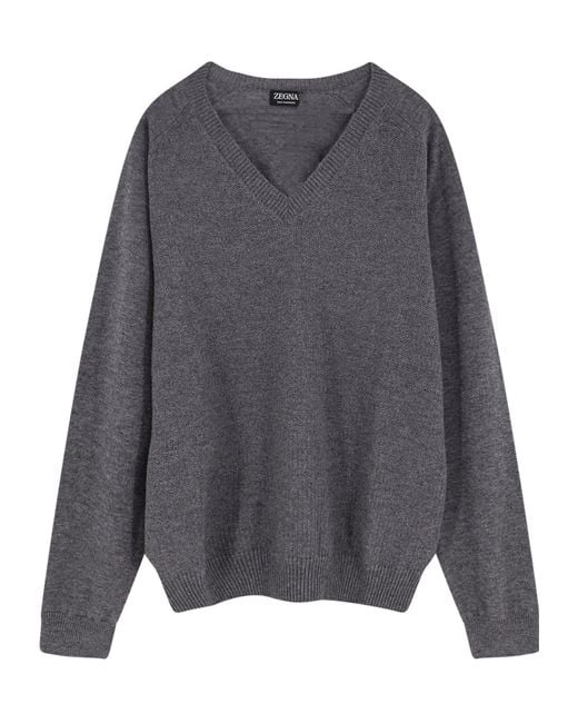 Zegna Gray Oasi Long-Sleeved V-Neck Jumper for men