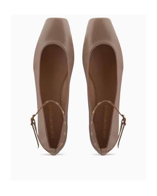 Emporio Armani Brown Square Toe Buckle Detailed Ballet Flats