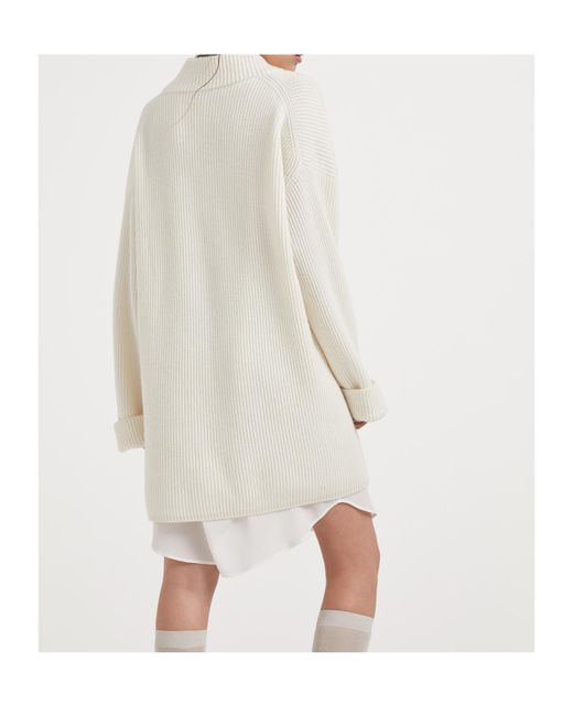 Brunello Cucinelli White V-Neck Embellished Knit Mini Dress