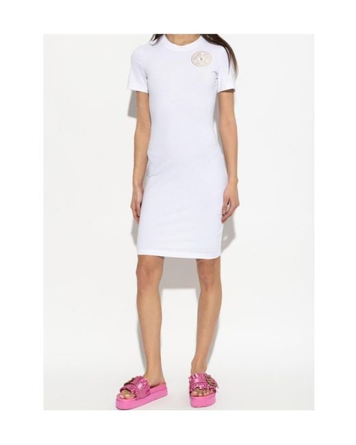Versace Jeans White Couture Logo Printed Crewneck Dress