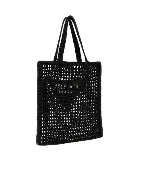 Prada Black Logo Printed Woven Tote Bag