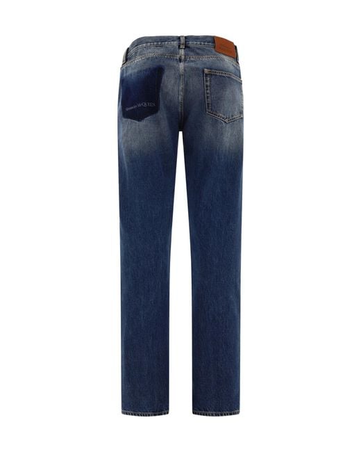 McQueen Blue Logo Detailed Straight-Leg Jeans for men