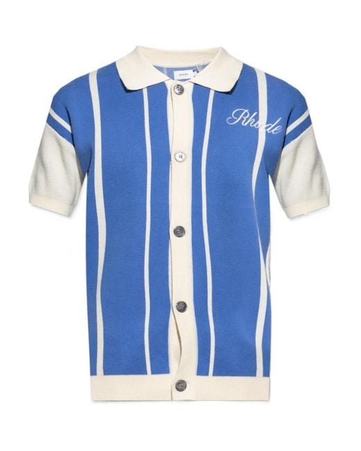 Rhude Blue Logo-Embroidery Striped Polo Shirt for men