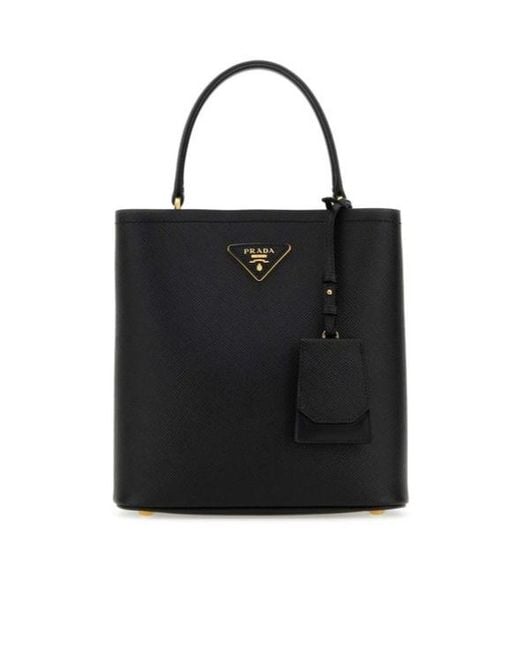 Prada Black Double Saffiano Logo Plaque Tote Bag