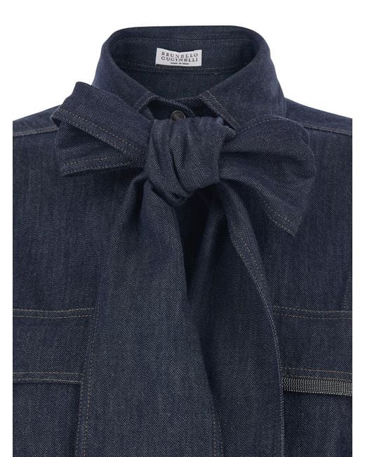 Brunello Cucinelli Blue Lightweight No-Fade Denim Pussybow Shirt