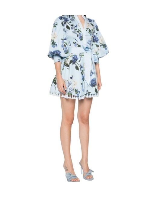 Alice + Olivia Blue Floral-Print Tassel-Trim Mini Dress