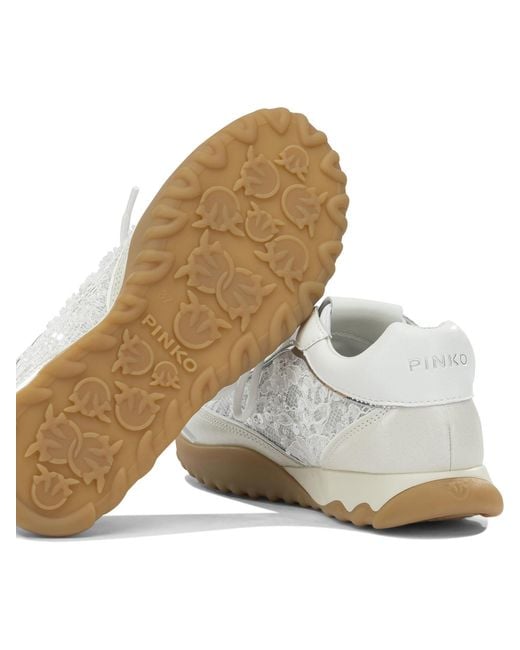 Pinko White Lace-Panelled Sequin-Embellished Sneakers