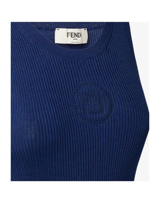 Fendi Blue Ribbed-Knit Ff-Motif Top
