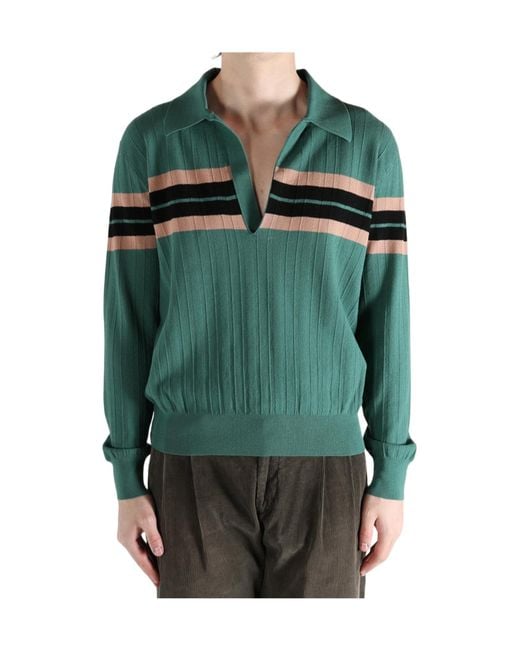 Dries Van Noten Green V-Neck Striped Jumper for men
