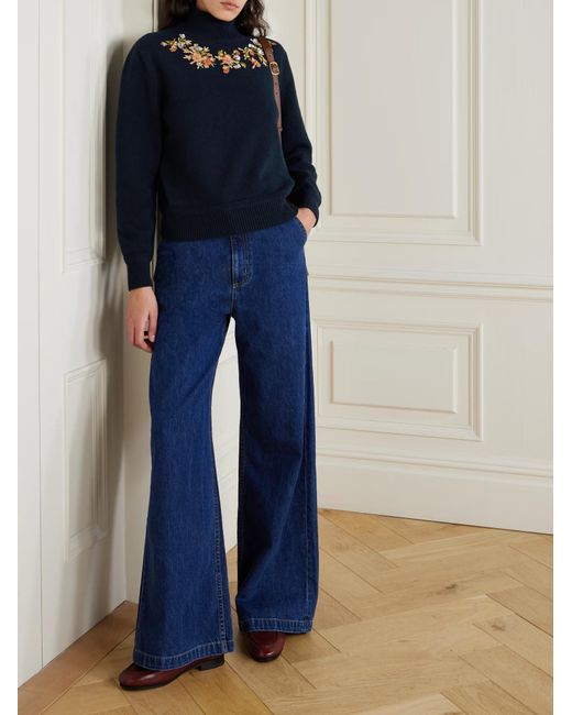 Bally Blue Beaded Embroidered Wool Turtleneck Sweater