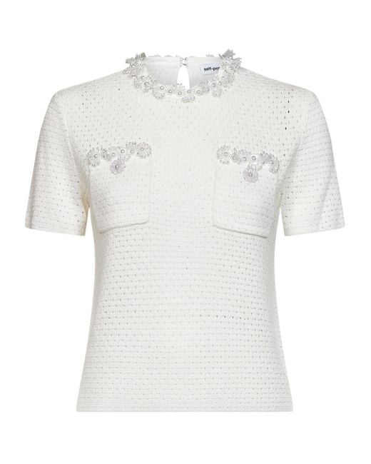 Self-Portrait White Short-Sleeved Knit Top