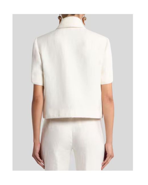 Etro White Short-Sleeved Cropped Linen Jacket With Pegaso Buttons