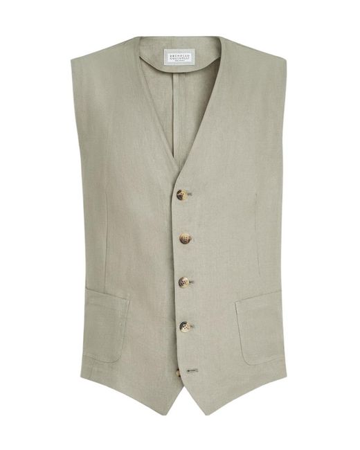 Brunello Cucinelli Gray Linen Micro Chevron Waistcoat for men