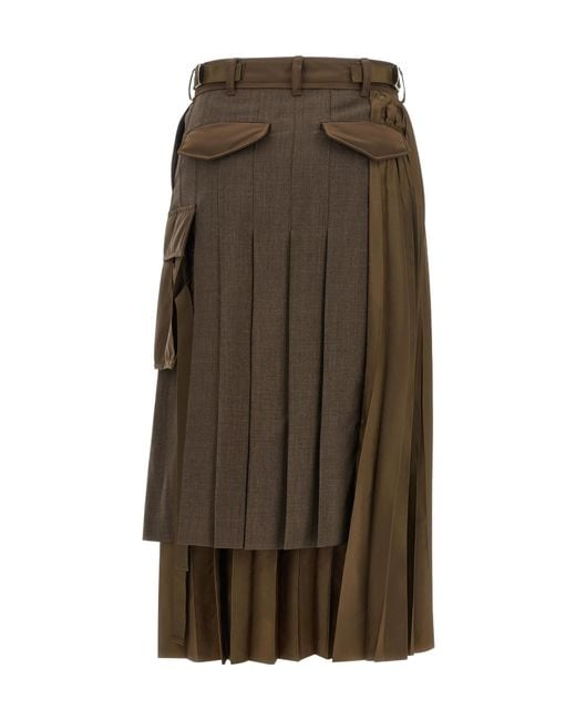 Sacai Brown Asymmetrical Pleated Midi Skirt