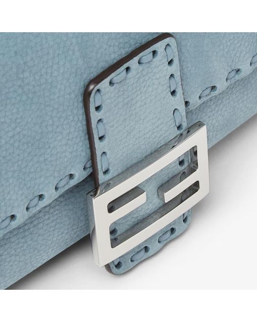 Fendi Blue Aguette Mercury Nubuck Leather Selleria Bag With 612 Hand-Sewn Topstitches