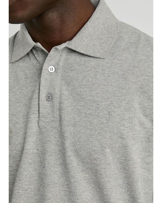 Saint Laurent Gray Logo-Embroidered Piqué Cotton Polo Shirt for men