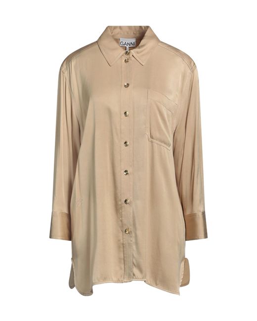 Ganni Natural Solid Satin Long Sleeve Shirt