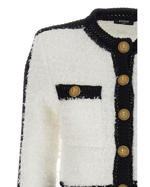 Balmain White Buttoned Cropped Tweed Jacket