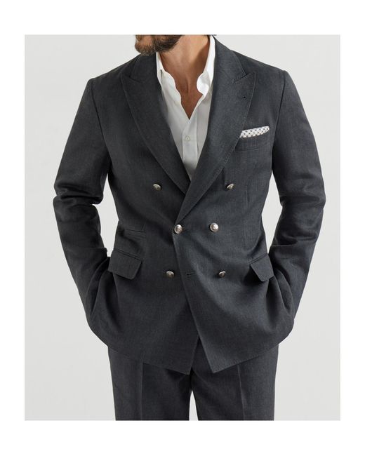 Brunello Cucinelli Blue Chevron Double-Breasted Blazer for men