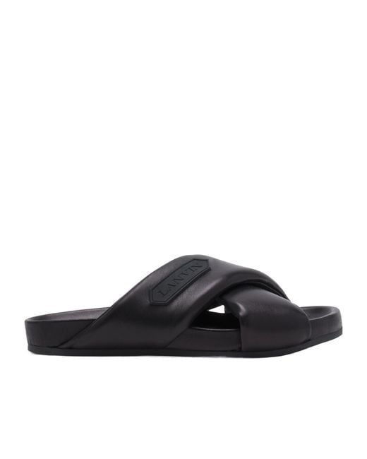 Lanvin Black Logo-Appliqué Crossover Leather Slides