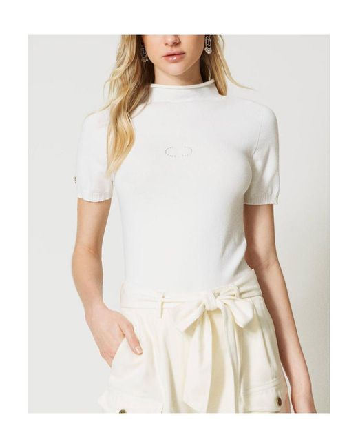Twinset White Logo-Plaque Short-Sleeve Jumper