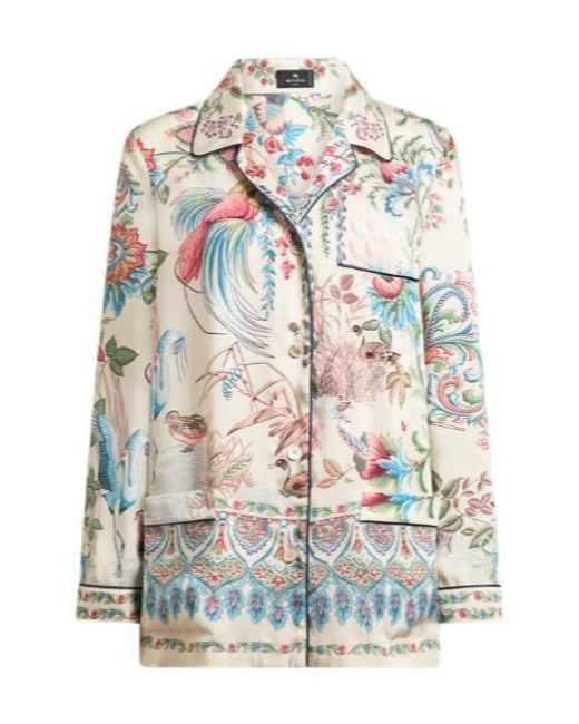 Etro White Placed Flora And Fauna Print Twill Shirt