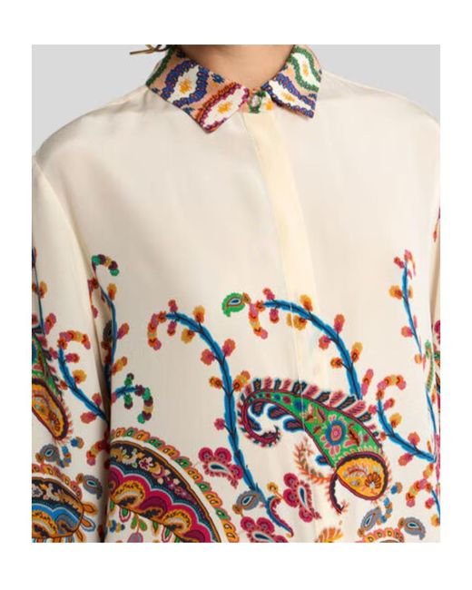 Etro White Long Silk Shirt With Placed Floral Paisley Print