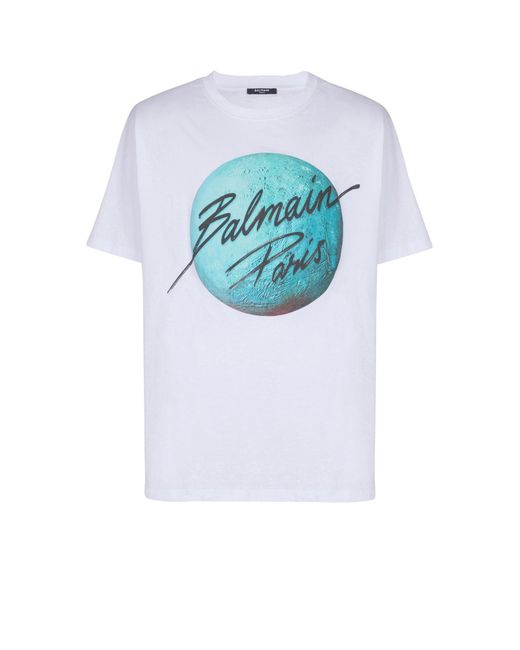 Balmain White Printed Paris Logo And Planet T-Shirt for men