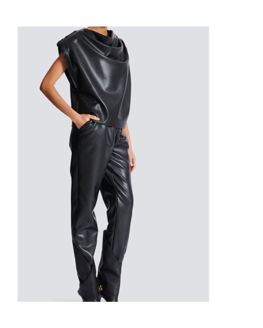 Balmain Black Faux Leather Draped Top
