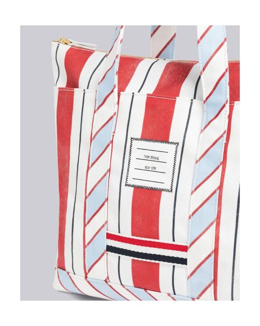 Thom Browne Red Logo Patch Striped Tote Bag for men