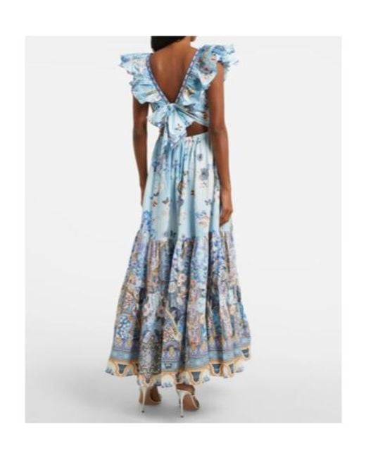 Camilla Blue Shirred Floral Cotton Maxi Dress