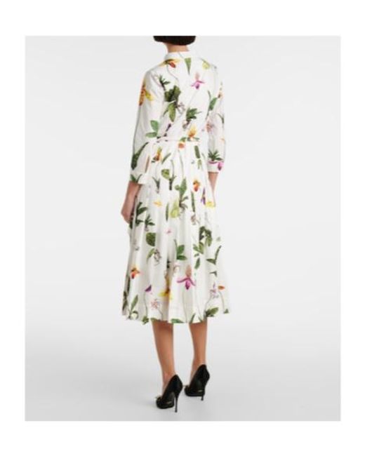 Oscar de la Renta White Floral Pleated Cotton-Blend Poplin Midi Dress