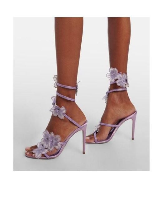 Rene Caovilla White Floral-Appliqué Satin Sandals