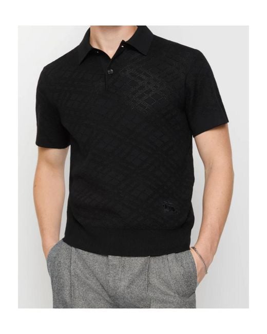 Burberry Black Checked Ribbed-Knit Polo Shirt for men