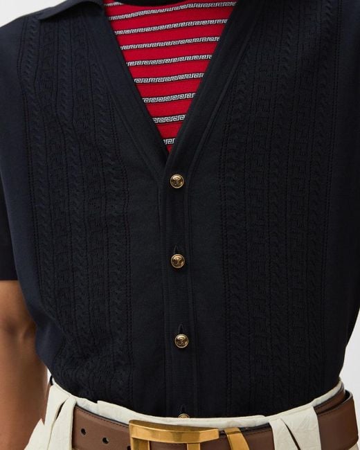 Versace Black V-Neck Knitted Polo Shirt for men